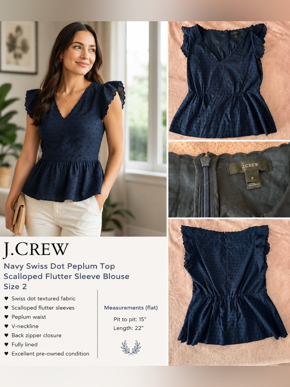 J. Crew Navy Swiss Dot Peplum Blouse with Scalloped Flutter Sleeves